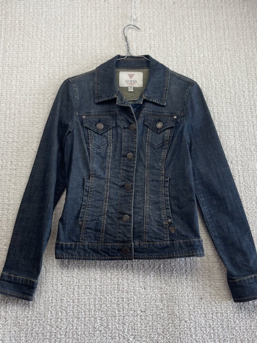 Guess Jean Jacket Wom Sz S Dark Blue Denim Button Up Moto Trucker Biker Grunge